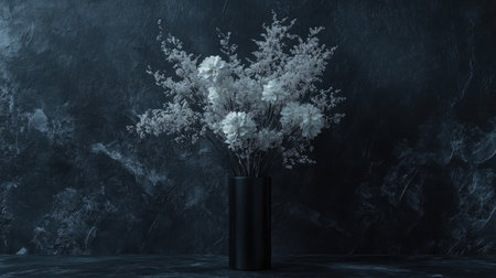 A striking display of white flowers elegantly arranged in a black vase, set against a dark textured background, creating a serene and modern atmosphere for decor inspiration.の素材