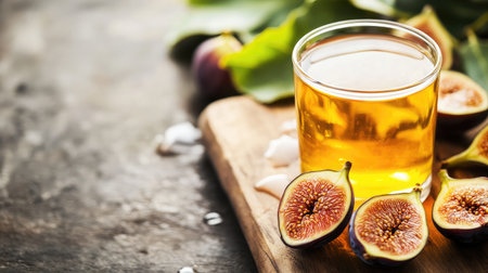 A visually appealing scene featuring fresh fig halves next to a glass of golden fig juice on a rustic wooden board, accentuated with lush green leaves. Perfect for food, drink, and nature themes.の素材