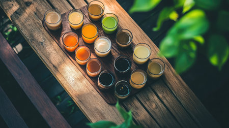 A beautiful arrangement of assorted fresh juices on a wooden tray, surrounded by greenery. This vibrant scene captures the essence of healthy living and natural refreshment.の素材