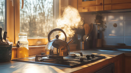 A stunning kettle releasing steam sits on a stovetop in a beautifully lit kitchen, creating a serene atmosphere perfect for a cozy morning tea preparation.の素材