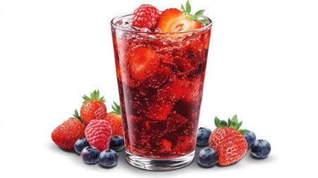 A vibrant berry sparkler drink featuring strawberries, raspberries, and blueberries served in a clear glass, perfect for summer gatherings and refreshing moments.の素材