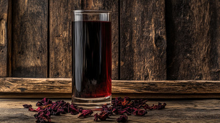 A vibrant herbal drink served in a clear glass, surrounded by dried hibiscus petals on a rustic wooden table, ideal for capturing refreshing beverage moments.の素材