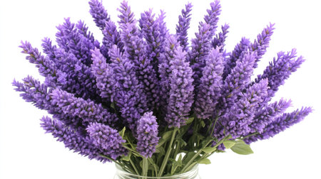 A stunning bouquet of lavender flowers, arranged elegantly in a jar, showcasing vibrant purple hues and fresh green leaves, ideal for enhancing any space with natural beauty.の素材