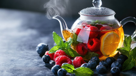 A glass teapot filled with herbal tea, fresh raspberries, blueberries, lemon slices, and mint leaves. The scene evokes warmth and relaxation, perfect for a cozy moment.の素材