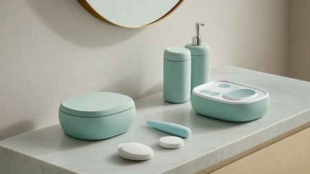 Discover a modern arrangement of stylish bathroom accessories in soft blue tones, elegantly displayed on a marble countertop, perfect for enhancing any serene space.の素材