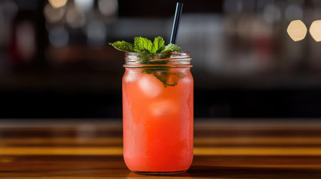 This vibrant pink beverage in a glass jar is garnished with fresh mint and straw, perfect for summer refreshments and gatherings, evoking a fun and relaxed atmosphere.の素材