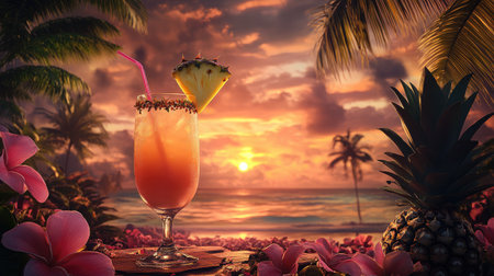 An enticing tropical cocktail showcases vibrant colors and fruit garnishes, set against a stunning sunset with palm trees, evoking a sense of paradise and relaxation.の素材