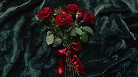 A stunning arrangement of red roses tied with a satin ribbon, resting elegantly on a rich green velvet background, perfect for expressing love and celebrating special moments.の素材
