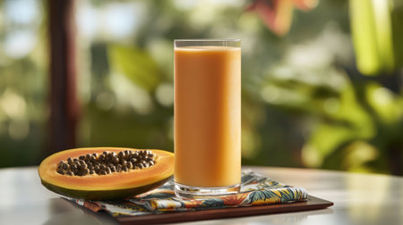 Enjoy a delicious papaya smoothie served in a tall glass, elegantly presented with a fresh papaya slice, perfect for refreshing moments and healthy indulgence.の素材