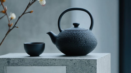 A beautifully crafted black teapot and cup displayed on a concrete surface. This minimalist setup evokes tranquility and modern elegance, perfect for tea lovers and home decor enthusiasts.の素材