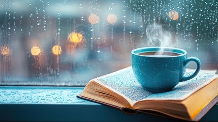 A serene scene featuring a steaming coffee cup resting on an open book by a rainy window, capturing a moment of tranquility and cozy comfort amidst gloomy weather.の素材