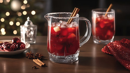 Delight in a festive holiday beverage served in a glass pitcher, filled with ice and fruits, accompanied by a cozy atmosphere and seasonal decor for joyful celebrations.の素材