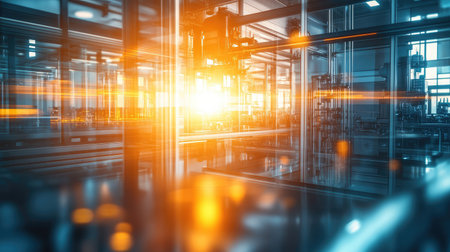 A stunning view of a modern industrial interior, showcasing vibrant lighting and advanced machinery in a high-tech space. The glowing atmosphere creates a dynamic and innovative feel.の素材