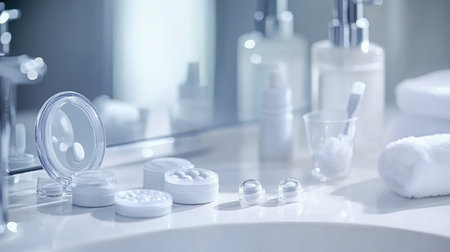 A tranquil bathroom setting showcasing a variety of skincare products and accessories, perfect for a serene self-care experience to promote beauty and wellness.の素材