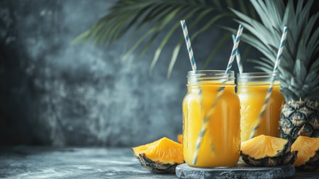 Bright and refreshing pineapple juice served in mason jars enhances any tropical setting, perfect for summer gatherings. Enjoy the vibrant colors and delicious flavors.の素材
