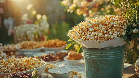 A vibrant scene featuring a bucket of freshly made popcorn surrounded by an array of tasty snacks on a beautifully arranged outdoor table, perfect for gatherings.の素材