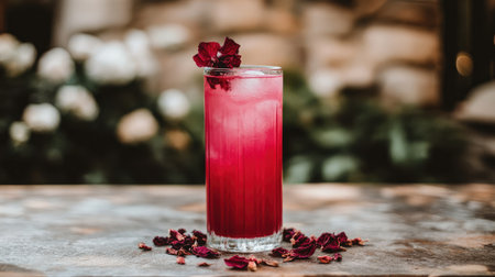 A stunning glass of vibrant pink floral beverage adorned with fresh rose petals, capturing summer vibes perfect for outdoor gatherings and stylish events.の素材
