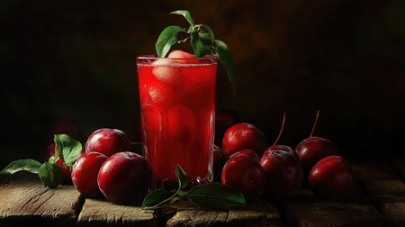 This image captures a vibrant plum drink served in a glass with ice and basil, surrounded by plums, showcasing a rustic wooden table and a dark backdrop, ideal for summer refreshment.の素材