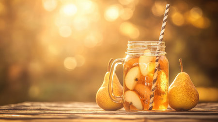 A delightful beverage featuring juicy pear and apple slices in a glass jar, set against a golden sunset background. Perfect for a refreshing summer drink.の素材