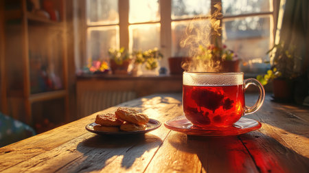 A serene image showcasing a warm cup of tea with steam rising in a cozy kitchen, paired with cookies on a rustic wooden table, bathed in soft sunlight.の素材