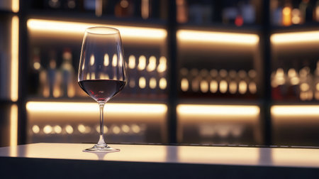 A beautiful glass of red wine sits on a sleek bar counter, highlighted by ambient lighting and an array of bottles in the background, perfect for an elegant dining experience.の素材