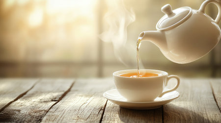 A tranquil scene depicting a teapot pouring tea into a delicate cup on a wooden table, bathed in soft light and emitting gentle steam, perfect for evoking relaxation and warmth.の素材
