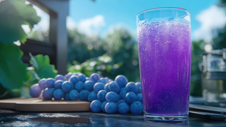Enjoy a vibrant purple drink in a glass, beautifully paired with fresh grapes. A perfect refreshment for sunny days in a natural outdoor setting.の素材