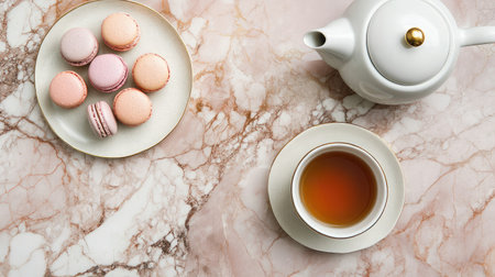 Delight in a sophisticated afternoon tea arrangement featuring delicate macarons, a classic teapot, and a cup of warm tea elegantly displayed on a marble table.の素材