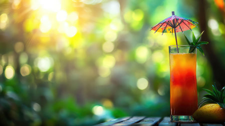 A vibrant tropical cocktail served in a tall glass, featuring a colorful umbrella and garnished with fresh fruits, set against a soft-focus backdrop of lush greenery.の素材