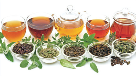 Discover a stunning array of herbal teas and dried leaves elegantly presented in glassware, showcasing natural ingredients and evoking a soothing aroma perfect for relaxation.の素材