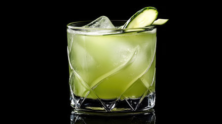A refreshing green drink served in a clear glass garnished with cucumber slices and ice, ideal for summer gatherings or healthy options, presented on a striking black background.の素材