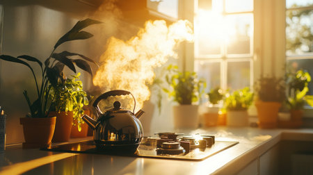 A silver kettle emits steam on a modern kitchen stove, surrounded by lush green plants, creating a warm and inviting atmosphere in the sunlight.の素材