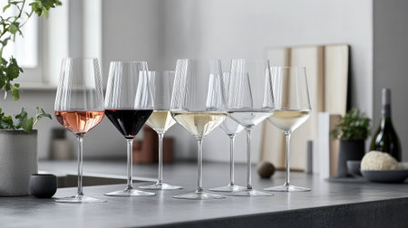 A visually appealing display of wine glasses showcasing different wines, set on a contemporary kitchen counter, perfect for stylish gatherings and culinary enjoyment.の素材