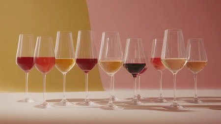 This artistic composition features a range of colorful glasses filled with different liquids, arranged in a visually appealing manner, ideal for beverage promotions and creative projects.の素材