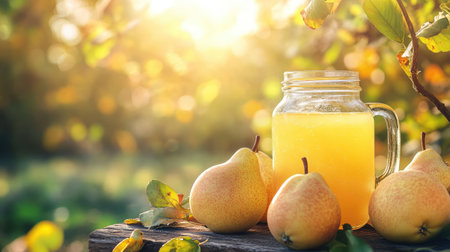 A beautiful setting featuring a jar of refreshing pear juice alongside fresh pears, bathed in sunlight, highlighting the vitality and essence of autumn's bounty.の素材