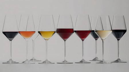 A captivating display of wine glasses featuring an array of colors highlighting the diversity of wines, perfect for beverage enthusiasts and culinary presentations.の素材