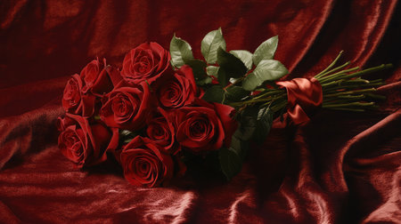 A stunning bouquet of red roses elegantly displayed on luxurious velvet fabric, ideal for romantic settings, special events, and floral decoration needs.の素材