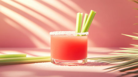 A vibrant cocktail featuring celery and a salted rim, set against a soft pink backdrop. Perfect for summer gatherings or relaxing moments with friends.の素材