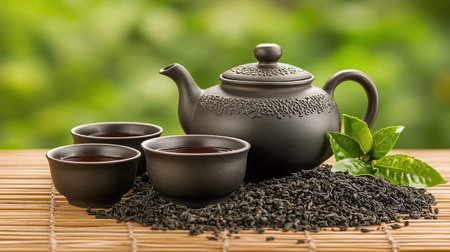 A beautifully arranged black tea set featuring a teapot and cups on a bamboo mat with loose tea leaves and fresh green leaves, evoking a sense of tranquility and tradition.の素材