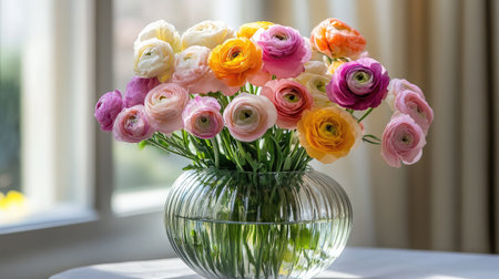 A stunning arrangement of ranunculus flowers in various colors, placed in a clear vase, enhances the ambiance of any room with its natural light and soft beauty.の素材