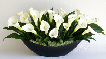 A stunning arrangement of white calla lilies in a sleek black vase showcases the beauty of nature, perfect for modern home or event decor, adding elegance and tranquility.の素材