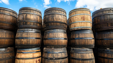 A collection of beautifully stacked vintage wooden barrels beneath a vast blue sky adorned with white clouds, ideal for themes around agriculture, rustic decor, or distillation processes.の素材