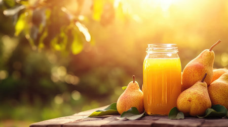 A captivating scene featuring a jar of fresh pear juice alongside ripe pears on a wooden table, illuminated by warm sunlight amidst a lush green background, perfect for food photography.の素材