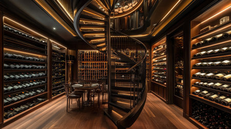 A stunning wine cellar featuring a spiral staircase, illuminated shelving, and rich wooden flooring. The space is perfect for showcasing a collection of exquisite wines in a luxurious setting.の素材