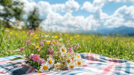 A picturesque scene featuring a charming bouquet of flowers on a checkered picnic blanket, set against a backdrop of vibrant grass and serene mountains under a sunny sky.の素材