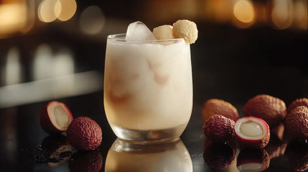 A deliciously creamy lychee cocktail served in a glass, accented with fresh lychees and ice, ideal for summer parties, gatherings, and special celebrations.の素材