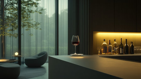 A stylish modern kitchen scene features a glass of red wine on a countertop, surrounded by various bottles, bathed in warm light and peaceful nature views.の素材