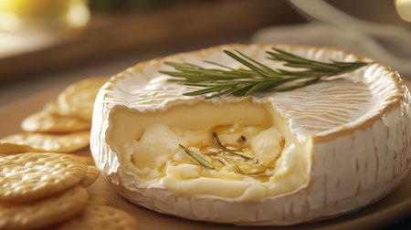 A close-up of a creamy camembert cheese, cut open to reveal its gooey interior, served with crackers.の素材
