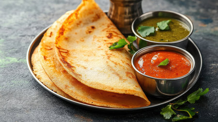 A beautifully arranged dosa with a side of coconut chutney and sambar in small metal bowls.の素材