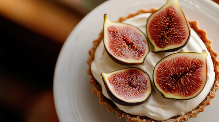 A close-up of a fresh fig tart with almond cream filling, served on a white plate.の素材